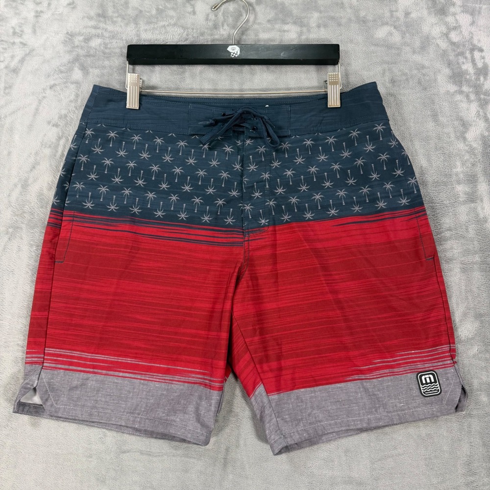 Travis Mathew Board Shorts Mens Size 32 Navy Red Grey Palm Tree Swim Trunks